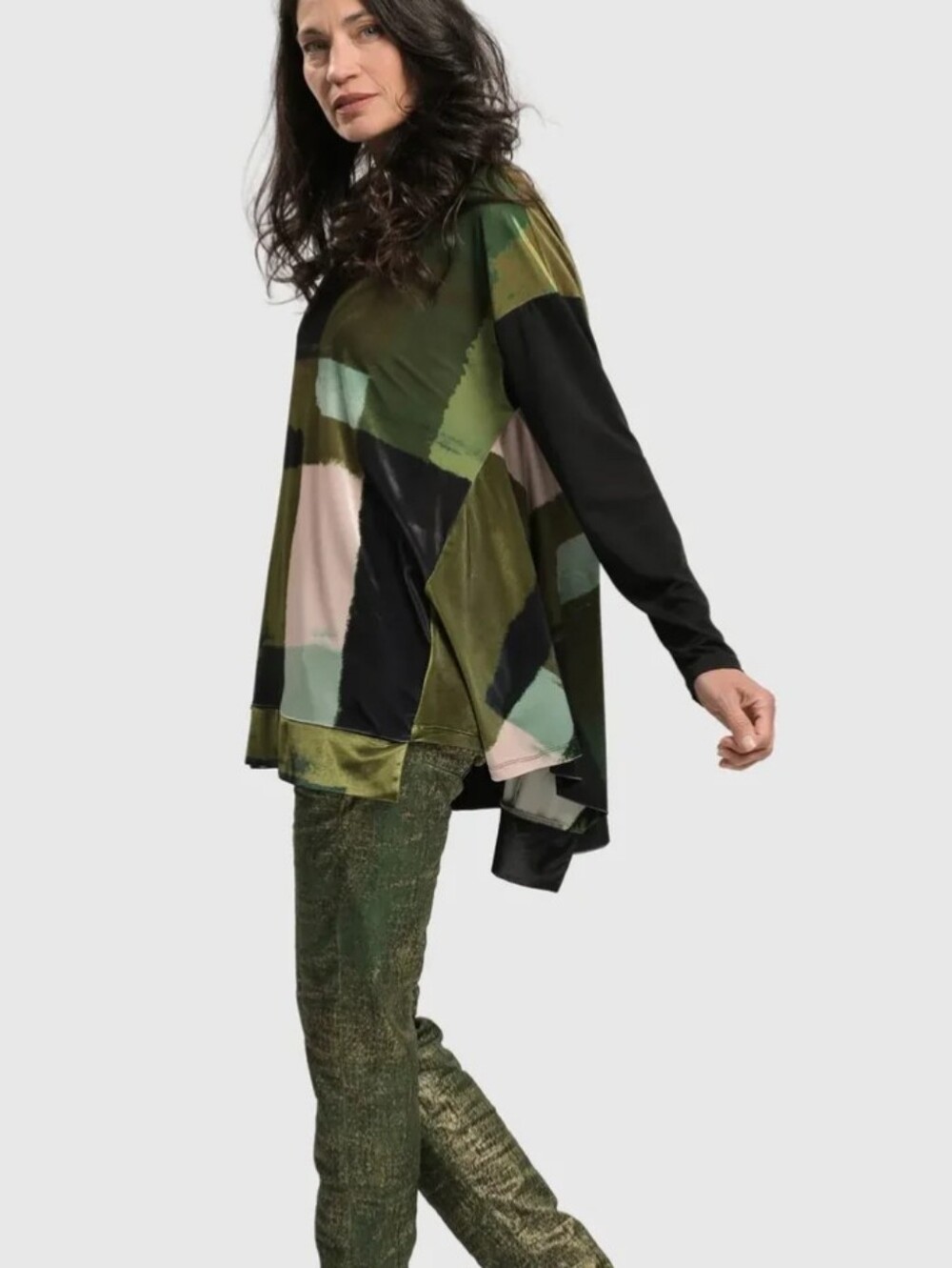 Alembika Trapeze Abstract Print Velvet Green Oversized Tunic Top Sz S(8-12) Boho - Picture 4 of 9